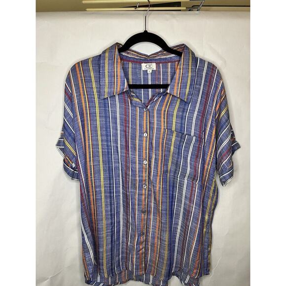 Chic Connection Tops - CHIC CONNECTION Women Shirt Large Striped Cotton 100% Woven Casual Office